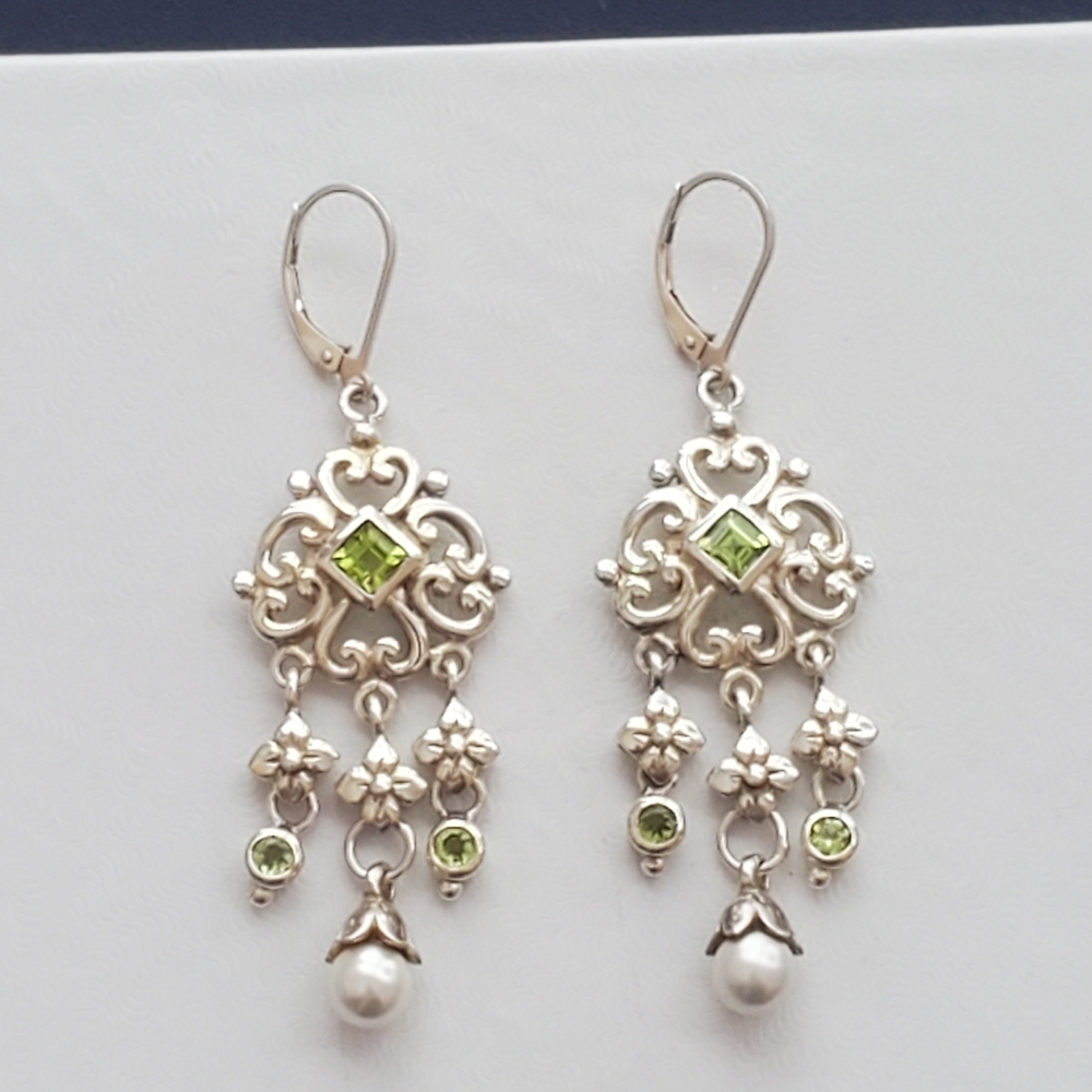 Sterling Silver Chandelier Earrings with Peridots and Pearls - Picture 5 of 16